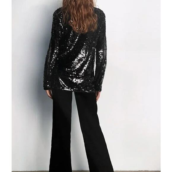 Zara‎ V Neck Collared Flowy Long Sleeve Sequined Top Black Size Medium - Picture 3 of 11